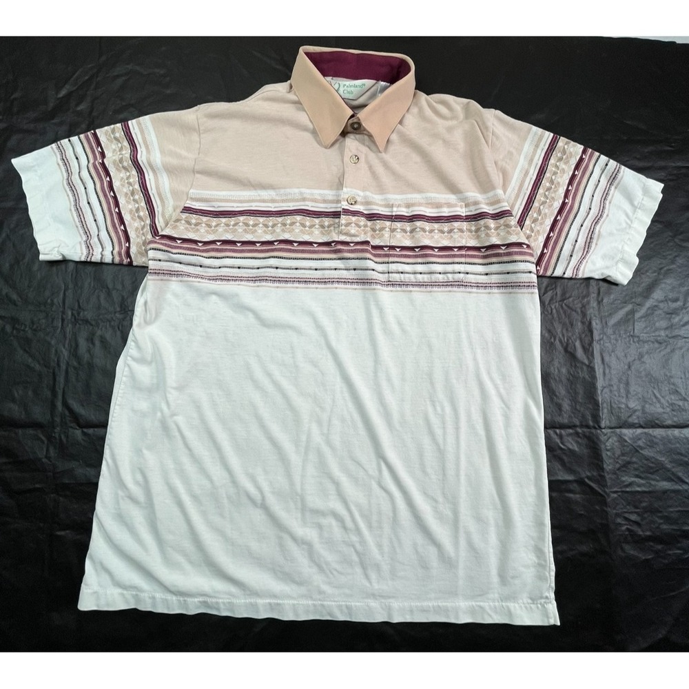 VTG Palmland Golf Mens XL Polo Shirt Pocket‎ Front Ivory Tan Maroon FLAW
